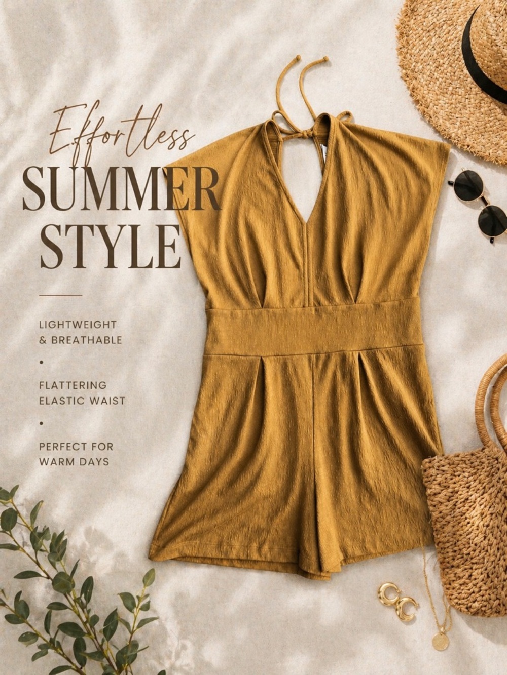 Nine West Romper Size M Mustard Gold Boho V Neck Pockets Smocked Waist Summer